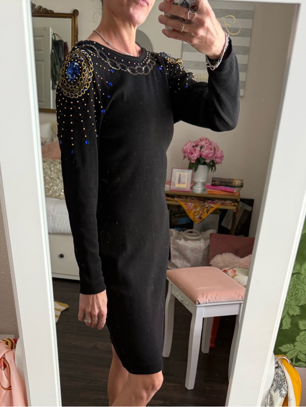 Vintage 80s Black Beaded Dress Open Back Glam Art Deco Cocktail Bodycon - Picture 2 of 10